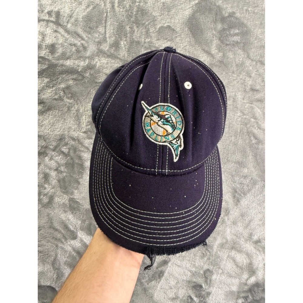 Vintage Nike Florida Marlins MLB Baseball Hat Cap Swoosh Flex 1990s Navy Blue OS